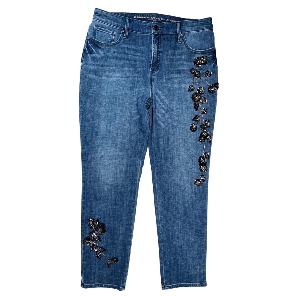 Chico's So Slimming Girlfriend Jeans Women's Sz 10R Sequin Floral Ankle Slim Leg